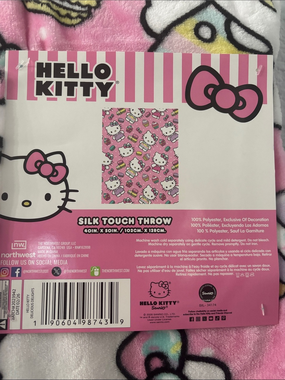 Hello Kitty Pink and White Plush Throw with Bow Motif